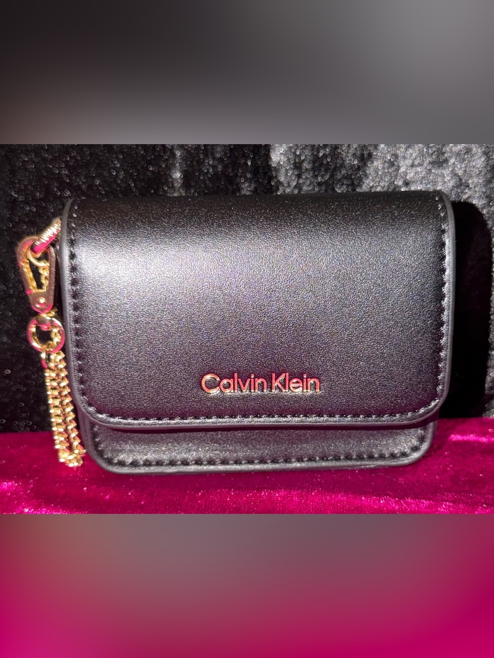 Calvin Klein Black Leather Mini Wallet with Gold Chain Zipper